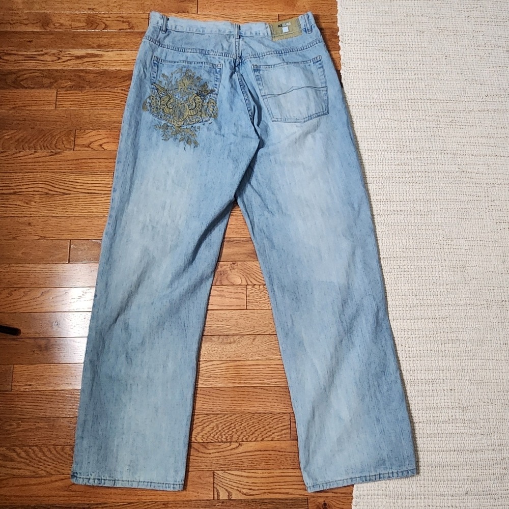 VTG Y2K Azzure Mens Baggy Jeans Light Wash Embroidered Perfect Fit Loose 36x34